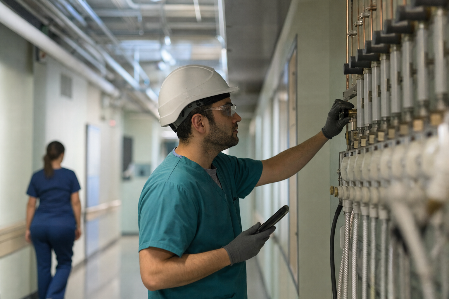 A hospital facilities technician checking a medical gas panel in a clean utility corridor