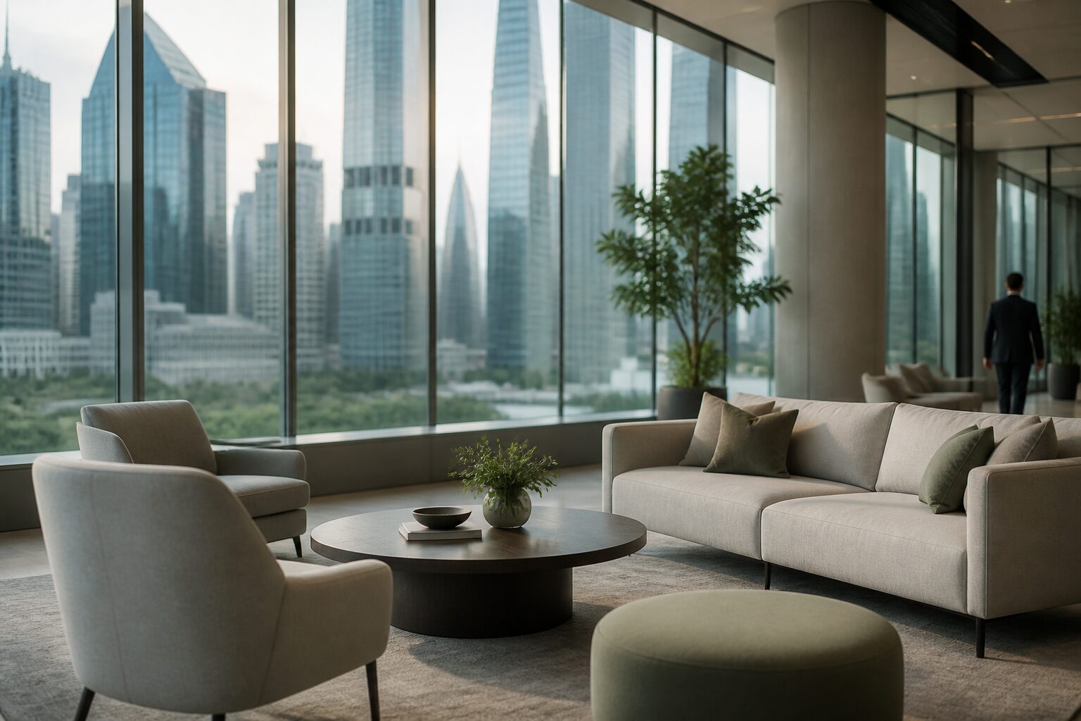 A corporate lobby with floor to ceiling windows looking out over a city